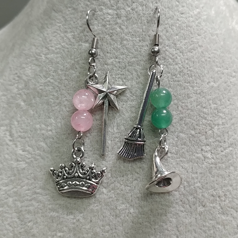 Witch Mismatched Earrings Rose Quartz Aventurine Natural Gemstone StainlessSteel
